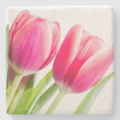 ピンクのチューリップと緑離れの写真 ストーンコースター (正面)