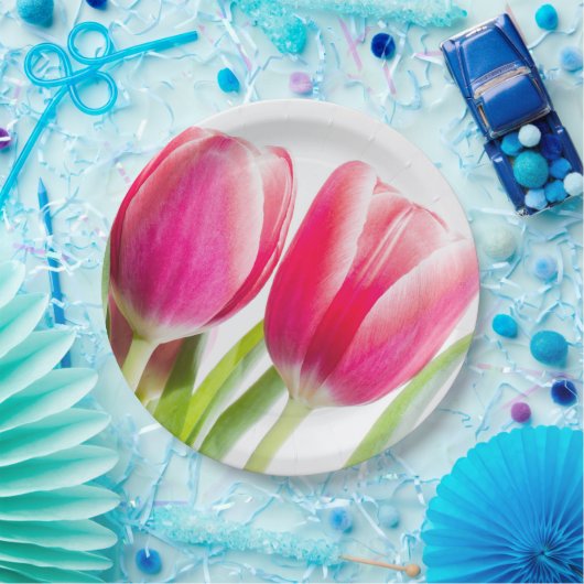 ピンクのチューリップと緑離れの写真 ペーパープレート (パーティー)