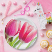 ピンクのチューリップと緑離れの写真 ペーパープレート (パーティー)