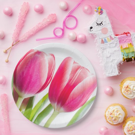 ピンクのチューリップと緑離れの写真 ペーパープレート (パーティー)