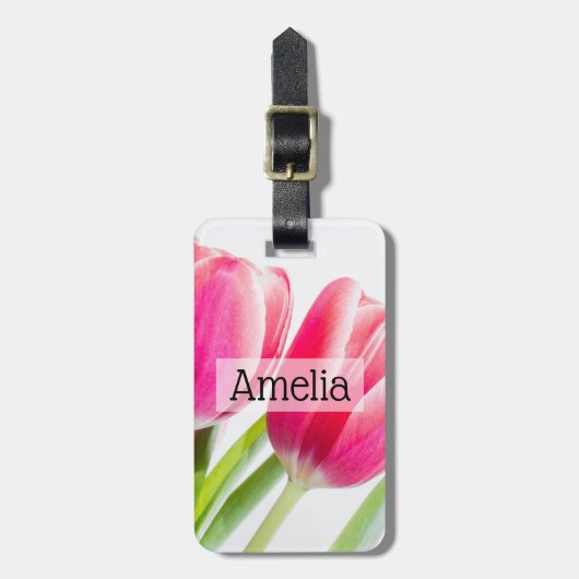 ピンクのチューリップと緑離れの写真 ラゲッジタグ (正面縦)
