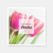 ピンクのチューリップと緑離れの誕生日 スタンダードカクテルナプキン (正面)