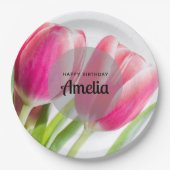ピンクのチューリップと緑離れの誕生日 ペーパープレート (正面)