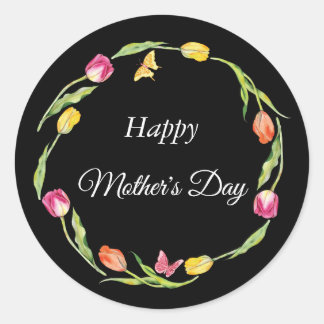 ピンクのチューリップと蝶の母の日ブラック ラウンドシール