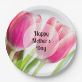 ピンクのチューリップと離れ緑のチューリップ写真母の日 ペーパープレート (正面)