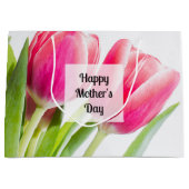 ピンクのチューリップと離れ緑のチューリップ写真母の日 ラージペーパーバッグ (正面)
