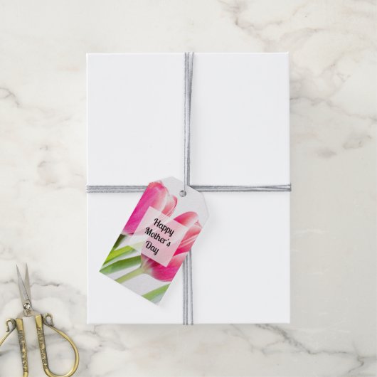 ピンクのチューリップと離れ緑のチューリップ母の日 ギフトタグ (より糸付き)