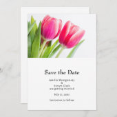 ピンクのチューリップと離れ緑の写真結婚の セーブザデート (正面/裏面)
