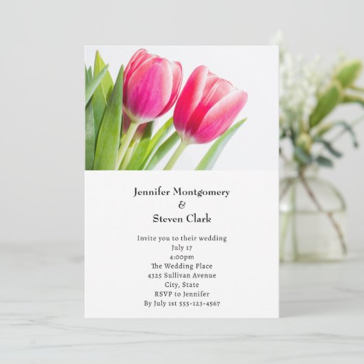 ピンクのチューリップと離れ緑の写真結婚の 招待状 (スタンド正面)