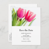 ピンクのチューリップと離れ緑の写真結婚の 案内ポストカード (正面/裏面)