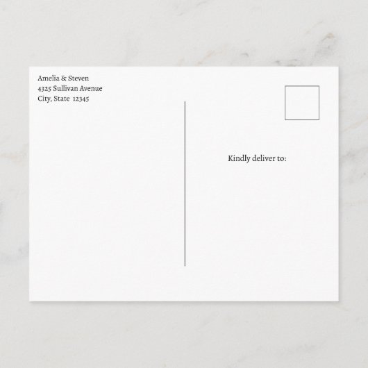 ピンクのチューリップと離れ緑の写真結婚の 案内ポストカード (裏面)