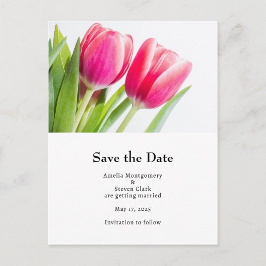 ピンクのチューリップと離れ緑の写真結婚の 案内ポストカード (正面)