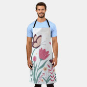 ピンクのチューリップと黄色のデイジー エプロン (着用した状態)