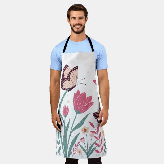 ピンクのチューリップと黄色のデイジー エプロン (着用した状態)