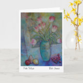 ピンクのチューリップの空白のな挨拶状のオリジナルのアートワーク カード (黄色い花)