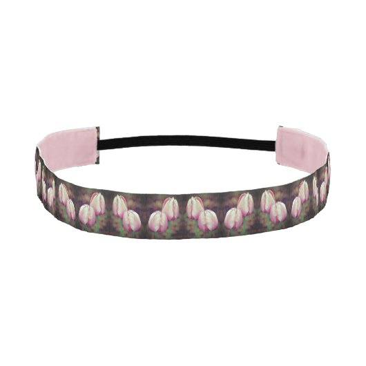ピンクのチューリップの花と雨粒 アスレチックヘッドバンド (正面)