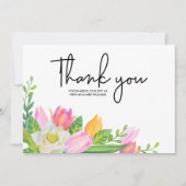 ピンクのチューリップの花の結婚式の写真 ありがとうカード 招待状 (正面)
