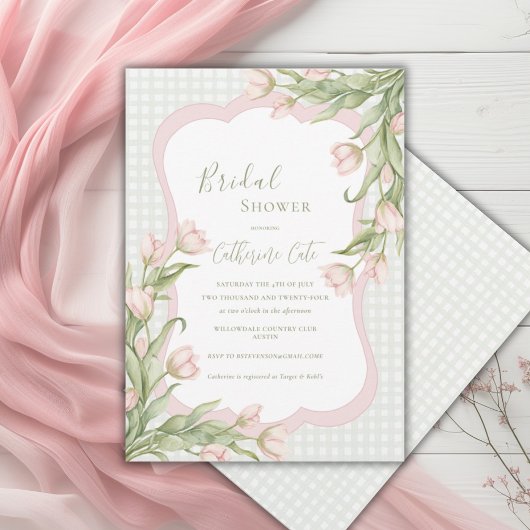 ピンクのチューリップの花束 ブライダルシャワーのおしゃれな招待状 招待状