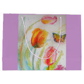 ピンクのチューリップの花束 水彩画のギフトバッグ ラージペーパーバッグ (裏面)