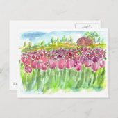 ピンクのチューリップフィールドウォータカラーの動きのお知らせ ポストカード (正面/裏面)