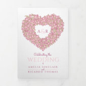 ピンクのチューリップフローラハートアート結婚モノグラム 三つ折り招待状 (カバー)
