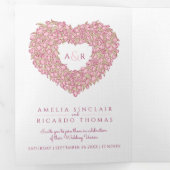 ピンクのチューリップフローラハートアート結婚モノグラム 三つ折り招待状 (内部最初)