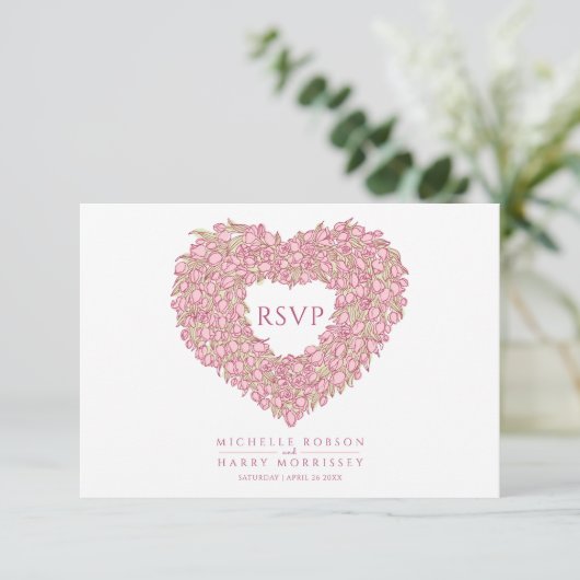 ピンクのチューリップモノグラム結婚の食事オプションのイベント 出欠カード (スタンド正面)