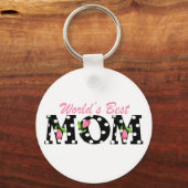 ピンクのチューリップ最高の付きワールドマママブラック キーホルダー (正面)