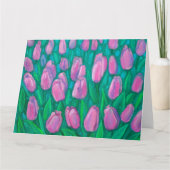 ピンクのチューリップ畑 春の花の花絵 カード (正面)