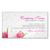 ピンクのチューリップ白いダマスクの背景 マグネット名刺 (正面)