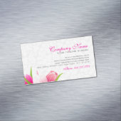 ピンクのチューリップ白いダマスクの背景 マグネット名刺 (インサイチュ)