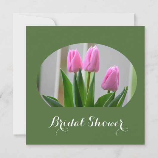 ピンクのチューリップ花のブライダルシャワー招待状。 招待状 (裏面)