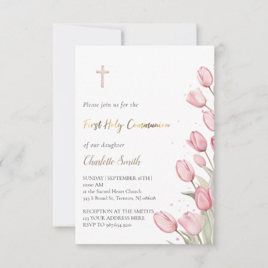 ピンクのチューリップ花 | 第一聖体拝領の女 招待状 (正面)