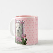 -ピンクのチューリップ-西の高地テリアありがとう ツートーンマグカップ (正面左)