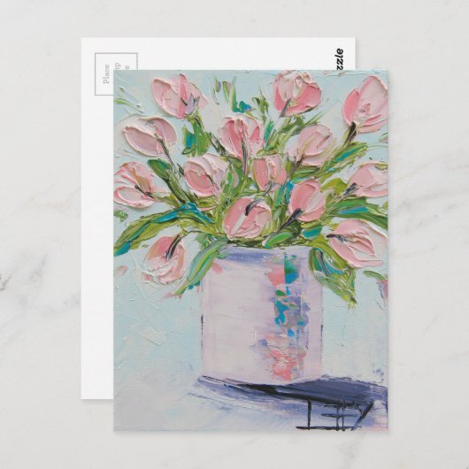 ピンクのチューリ絵画ップのチューリップアート、テクスチャ付き花 ポストカード (正面/裏面)
