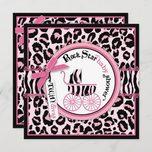 ピンクのチータのロックスターの乳母車のベビーシャワー 招待状 (正面/裏面)