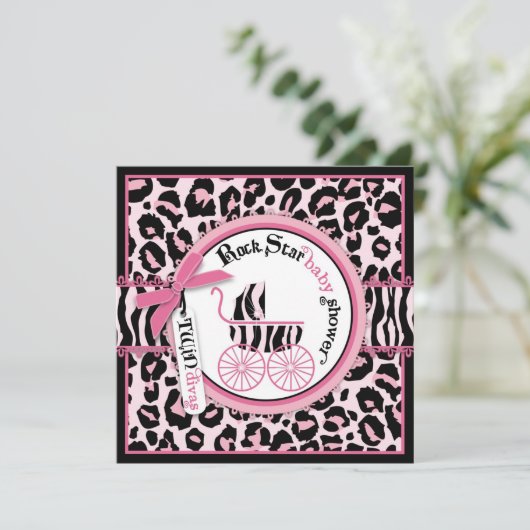 ピンクのチータのロックスターの乳母車のベビーシャワー 招待状 (スタンド正面)