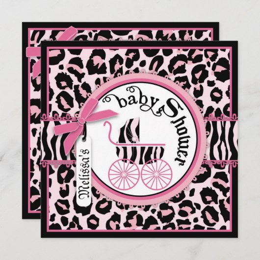 ピンクのチータのロックスターの乳母車のベビーシャワー 招待状 (正面/裏面)