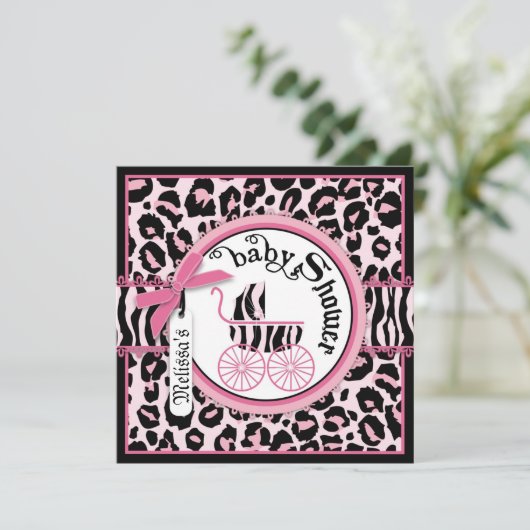 ピンクのチータのロックスターの乳母車のベビーシャワー 招待状 (スタンド正面)