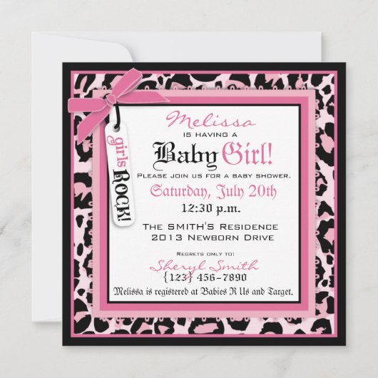 ピンクのチータのロックスターの乳母車のベビーシャワー 招待状 (裏面)