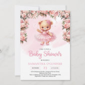 ピンクのツチュバレリーナ女の子テディベア赤面バラ 招待状 (正面)