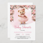 ピンクのツチュバレリーナ女の子テディベア赤面バラ 招待状 (正面/裏面)