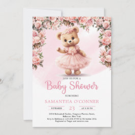 ピンクのツチュバレリーナ女の子テディベア赤面バラ 招待状