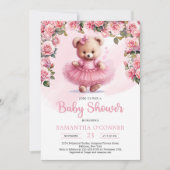ピンクのツツと赤面バラと女の子テディベア 招待状 (正面)