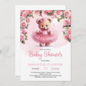 ピンクのツツと赤面バラと女の子テディベア 招待状 (正面/裏面)