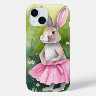 ピンクのツツの水色のバニー iPhone 15ケース