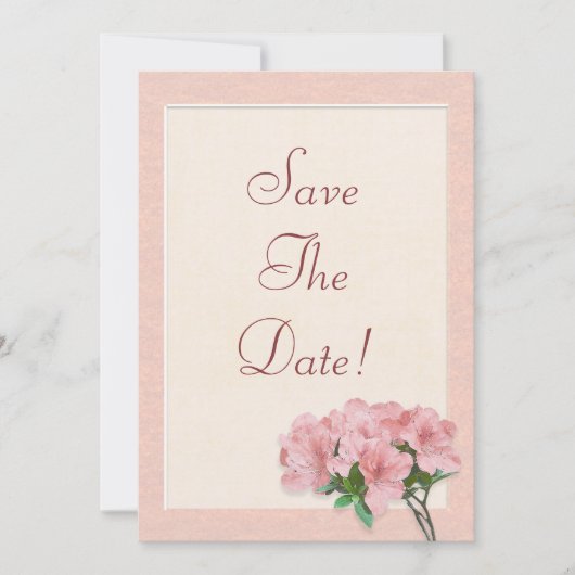 ピンクのツツジの花とフレームの結婚式のSave The Date 招待状 (正面)
