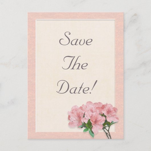ピンクのツツツジの花とフレーム日付の結婚保存 案内ポストカード (正面)