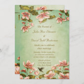 ピンクのツツツジヴィンテージオン緑の霧結婚の 招待状 (正面/裏面)