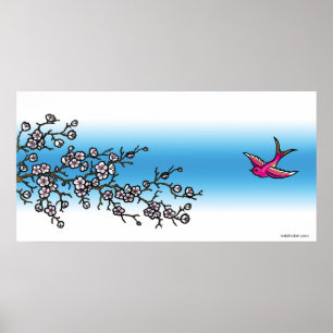 ピンクのツバメとさくらんぼの花のポスター ポスター